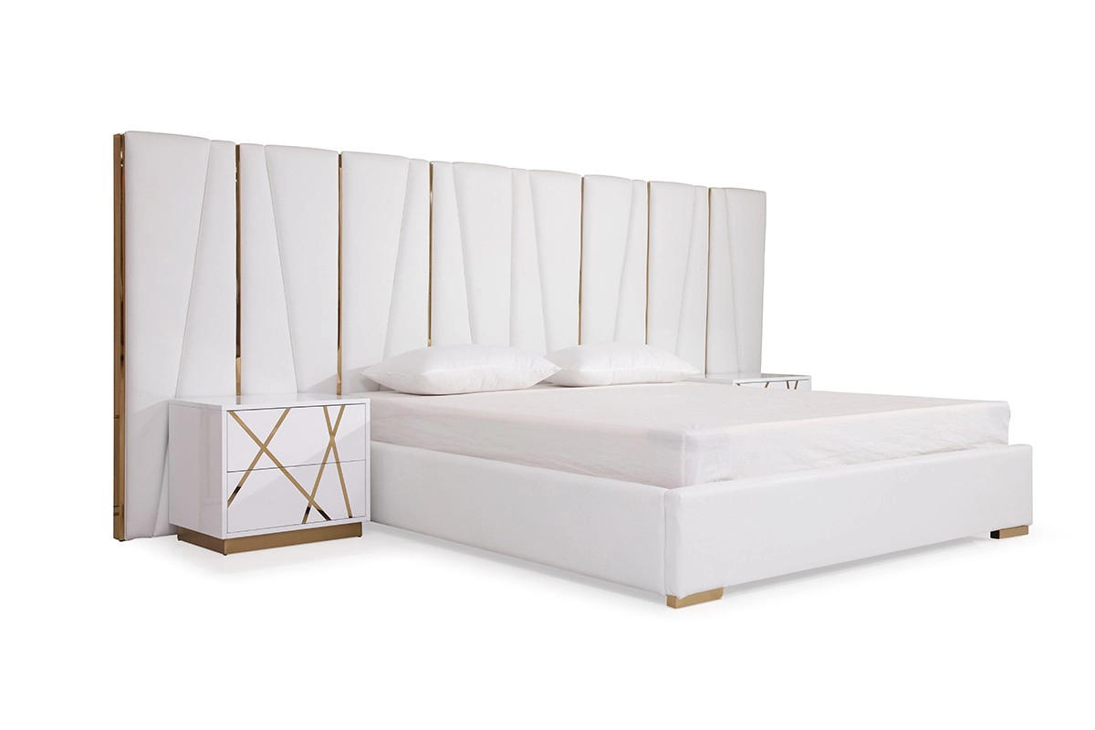 Nixa Modern King White Eco Leather & Gold Bed