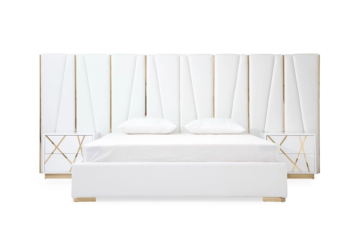 Nixa Modern King White Eco Leather & Gold Bed