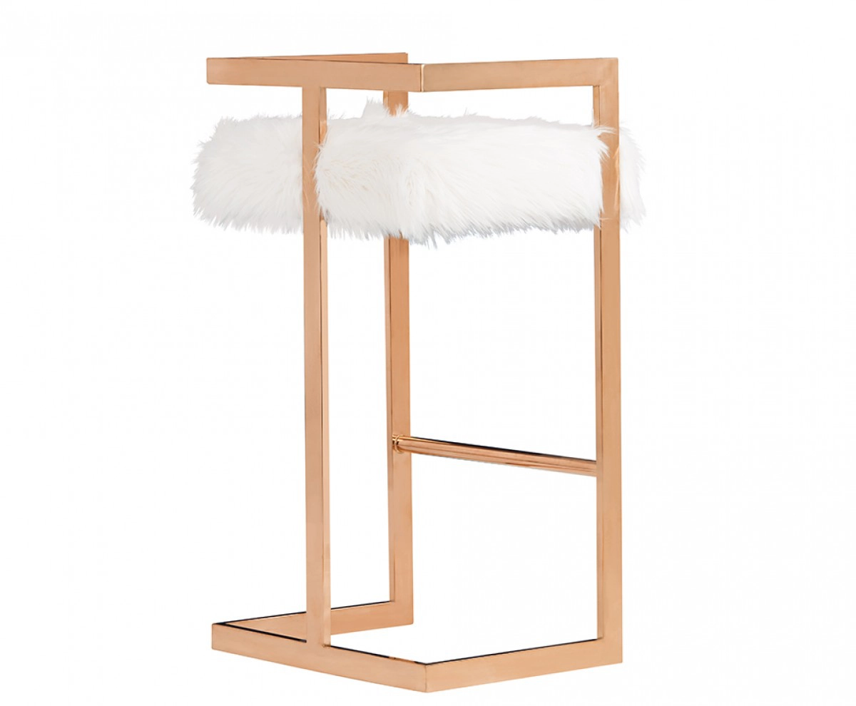 Halifax Modern White Faux Fur & Rosegold Bar Stool